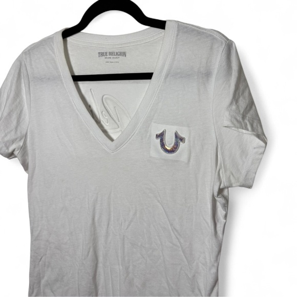 True Religion White V-Neck Logo Tee | Iridescent Graphic | Size Large - Picture 2 of 7